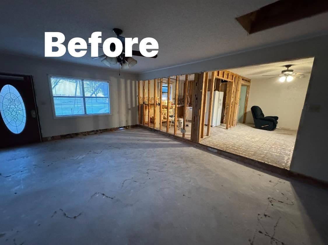 An interior stripped back to the studs before remodelling